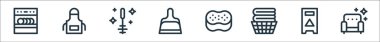 Temizlik çizgisi simgeleri. Doğrusal küme. Koltuk, ıslak zemin, temiz kıyafetler, sünger, kepçe, fırça, önlük gibi kalite vektör çizgisi