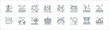 Doğa ve peyzaj çizgisi simgeleri. Doğrusal küme. Şehir, ağaç, kale, çöl, yunus, gökkuşağı, manzara, dağ gibi kalite vektör çizgisi