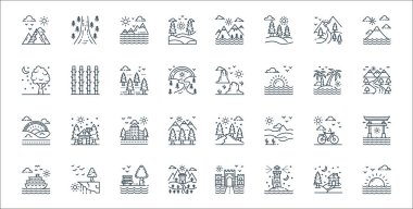 Doğa ve peyzaj çizgisi simgeleri. Doğrusal küme. Gündoğumu, deniz feneri, otel, yolcu gemisi, bisiklet, şehir manzarası, yol, çöl, bambu gibi kalite vektör çizgisi