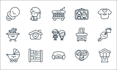 Aile çizgisi simgeleri. Doğrusal küme. Kaliteli vektör çizgisi, ağaç ev, kanepe, bebek arabası, aile, ranza, barbekü, resim, büyükanne ve büyükbaba gibi.