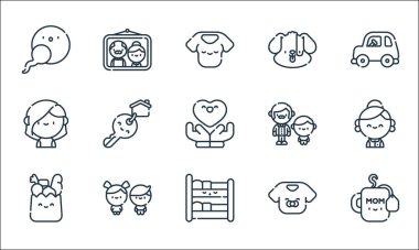 Aile çizgisi simgeleri. Doğrusal küme. Anne, ranza, bakkaliye, bebek, çocuk, anne, baba, köpek, büyükanne ve büyükbaba gibi kalite vektör dizileri