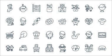 Aile çizgisi simgeleri. Doğrusal küme. Kanepe, köpek, albüm, büyükbaba, ağaç ev, anne, ev, hamilelik gibi kalite vektör dizileri