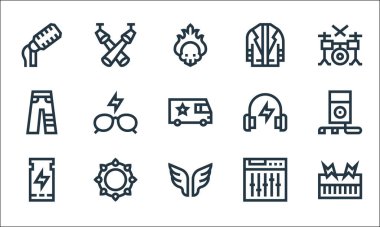 Rock 'n Roll çizgisi simgeleri. Doğrusal küme. Klavye, kanatlar, bilet, ayarlar, bilezik, pantolon, kulaklık, deri ceket, spot ışığı gibi kalite vektör dizileri