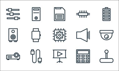 Teknoloji çizgisi simgeleri. Doğrusal küme. joystick, video sunumu, video projeksiyon, hesap makinesi, kablo, ses, ses, çip, işlemci gibi kalite vektör dizileri