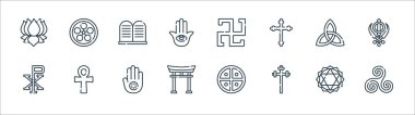 ruhani semboller çizgi simgeleri. Doğrusal küme. Kaliteli vektör çizgisi: triskelion, aaronic, torii gate, chi rho, triqueta, komut, tenrikyo