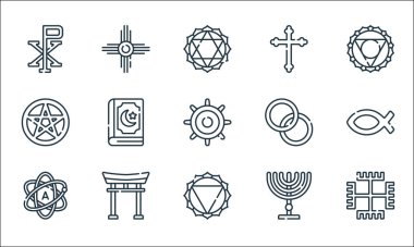 ruhani semboller çizgi simgeleri. Doğrusal küme. Paganizm, manipura, ateist, menorah, torii kapısı, wicca, spiritüel, cross gibi kalite vektör dizileri