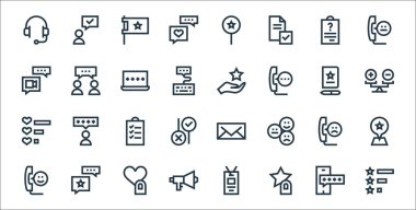 Geribildirim ve ifade satırı simgeleri. Doğrusal küme. Reyting, yıldız, megafon, müşteri memnuniyeti, beğenmeme, kontrol listesi, oran, geri bildirim, sohbet gibi kalite vektör çizgisi kümesi