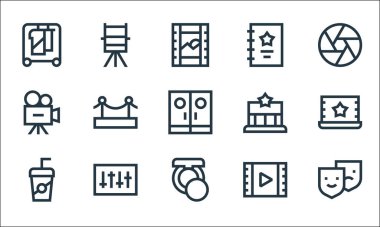 Sinema çizgisi simgeleri. Doğrusal küme. Komedi, makyaj, soda, oyun, ses, kamera, sinema, senaryo, yönetmen koltuğu gibi kalite vektör dizileri