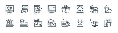 Alışveriş çizgisi simgeleri. Doğrusal küme. Banka transferi, alışveriş çantası, dilek listesi, online alışveriş, dünya çapında nakliye, mobil uygulama, sepete ekleme, kart ödemesi gibi kalite vektör çizgisi kümesi