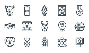 Evcil hayvan kuyruğu simgeleri. Doğrusal küme. Hayvan, sabun, köpek, kaplumbağa, rozet, rozet, evcil hayvan, köpek maması, balık yemi gibi kalite vektör dizileri