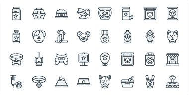 Evcil hayvan kuyruğu simgeleri. Doğrusal küme. Yılan, kum havuzu, köpek maması, şırınga, çanta, tasma, kedi, rozet, köpek gibi kalite vektör dizileri