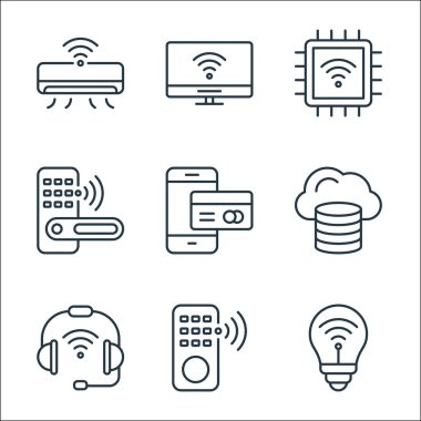 Nesnelerin internet bağlantısı simgeleri. Doğrusal küme. Akıllı ampul, uzaktan kumanda, kulaklık, bulut veritabanı, çevrimiçi ödeme, kapı kilidi, çip, akıllı televizyon gibi kalite vektör dizileri