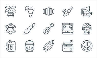 reggae çizgisi simgeleri. Doğrusal küme. Barış, sörf tahtası, eski radyo, reggae, tef, sahne, pipo, Afrika gibi kalite vektör dizileri