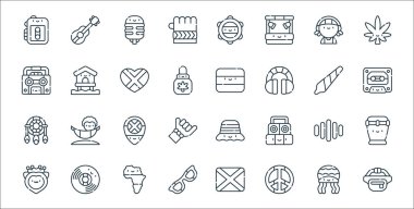 reggae çizgisi simgeleri. Doğrusal küme. Bel çantası, barış, güneş gözlüğü, aslan, ses, reggae, kaset, reggae, sahil evi gibi kalite vektör dizileri