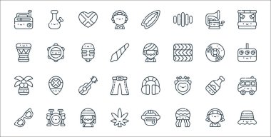 reggae çizgisi simgeleri. Doğrusal küme. kova, rasta, ot, güneş gözlüğü, bira, akustik gitar, synthesizer, rasta, tef gibi kalite vektör dizileri