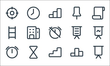 İş dünyası simgeleri. Doğrusal küme. Sunum, merdiven, alarm, sıralama, kum saati, merdiven, sunum, iğne, saat gibi kalite vektör çizgisi