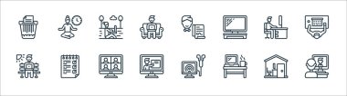 Ofis çizgisi simgeleri. Doğrusal küme. kalite vektör çizgisi, çalışma alanı, çevrimiçi eğitim, iş yeri, çalışma yeri, dijital göçebe, yüklenici, mola zamanı gibi