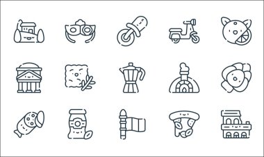 İtalya çizgi simgeleri. Doğrusal küme. Kolezyum, İtalya, pepperoni, pizza, sos, pantheon, taş fırın, scooter, göz maskesi gibi kalite vektör dizileri