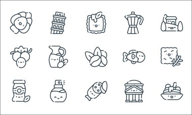 İtalya çizgi simgeleri. Doğrusal küme. Spagetti, pepperoni, sos, pantheon, parfüm, üzüm, balık, kahve, pisa kulesi gibi kalite vektör dizileri