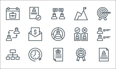 İnsan kaynakları çizgisi simgeleri. Doğrusal küme. CV, iş tanımı, ödül, saat, işbirliği, karar, başarı, devam