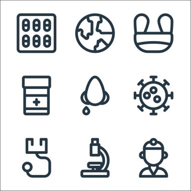 Virüs iletim hattı simgeleri. Doğrusal küme. Doktor, mikroskop, steteskop, virüs, akan burun, ilaç, tıbbi maske, toprak gibi kalite vektör dizileri