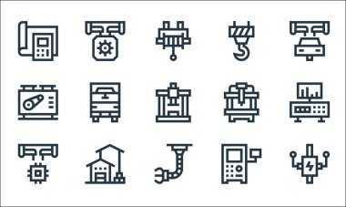 Üretim hattı simgeleri. Doğrusal küme. Kontrol kolu, robot kolu, imalat, kontrol sistemi, depo, makine, torna, kanca, imalat gibi kalite vektör çizgisi kümesi