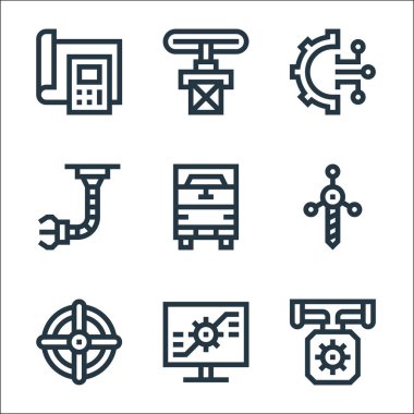 Üretim hattı simgeleri. Doğrusal küme. Üretim, monitör, valf, matkap, kamyon, robot kol, ayarlar, taşıyıcı bant gibi kalite vektör dizileri
