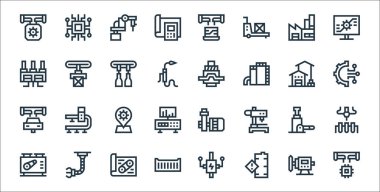 Üretim hattı simgeleri. Doğrusal küme. Üretim, tehlike, konteyner, makine, hidrolik kriko, yer tutucu, ayarlar, güç baskısı, taşıyıcı bant gibi kalite vektör dizisi