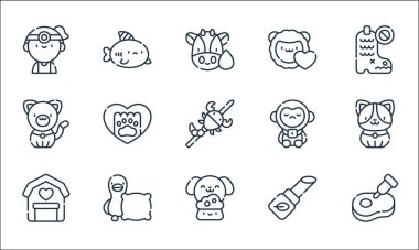 Hayvan refahı simgeleri. Doğrusal küme. Et, köpek maması, çiftlik, makyaj, yastık, kedi, maymun, köpekbalığı gibi kalite vektör çizgisi