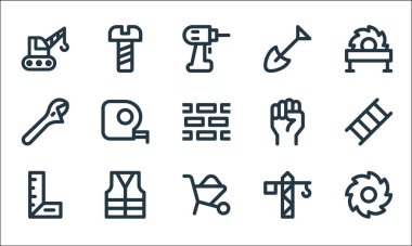 İşçi bayramı sembolleri. Doğrusal küme. Kaliteli vektör çizgisi: dairesel testere, el arabası, cetvel, vinç, yansıtıcı yelek, anahtar, el kaldırma, kürek, vida