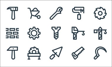 İşçi bayramı sembolleri. Doğrusal küme. Orak, kürek, çekiç, el testeresi, testere, tuğla duvar, vinç, tekerlekli boya, el arabası gibi kalite vektör çizgileri