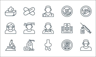 Coronavirus hastalığı çizgisi simgeleri. Doğrusal küme. Yüz maskesi, akışkan burun, mikroskop, seyahat, sabun, yüz maskesi, hastane, el sıkışma, kapsül gibi kalite vektör dizileri