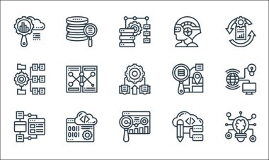 veri analiz çizgisi simgeleri. Doğrusal küme. Derin öğrenme, web analizi, veri görselleştirme, programlama, kodlama, hiyerarşi, web adresi, yapay zeka, veri gibi kalite vektör dizileri