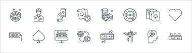 Kumarhane çizgisi simgeleri. Doğrusal küme. Casino, elmas, kumarhane çipi, kumar makinesi, kart oyunu, akıllı telefon, bozuk para, polis gibi kalite vektör dizileri