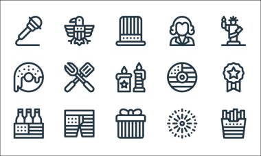 Temmuz ayının simgeleri. Doğrusal küme. Patates kızartması, hediye kutusu, bira kutusu, havai fişek, şort, donut, cd, kartal gibi kalite vektör dizileri