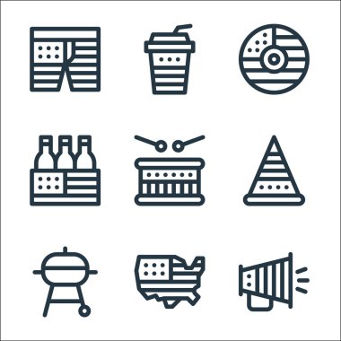 Temmuz ayının simgeleri. Doğrusal küme. Kaliteli vektör dizisi: megafon, ABD, barbekü, parti şapkası, davul, bira kutusu, cd, meşrubat