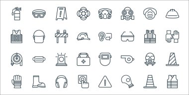 Düz kurtarma ve koruma hattı simgeleri. Doğrusal küme. Yelek, gaz maskesi, yangın düğmesi, eldiven, gaz maskesi, siren, eldiven, kulak tıkacı, polis kaskı gibi kalite vektör çizgisi