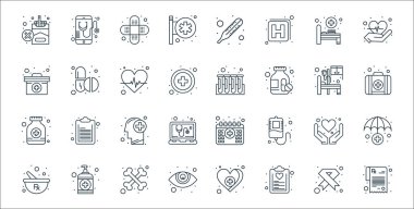 Tıbbi öğeler çizgisi simgeleri. Doğrusal küme. RX, tıbbi rapor, göz bakımı, kalp, insan beyni, acil durum kiti, test tüpleri, ilaçlar gibi kalite vektör dizileri