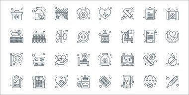 Tıbbi öğeler çizgisi simgeleri. Doğrusal küme. Sıcaklık, tıbbi uygulama, sigara yok, sağlık raporu, acil durum çağrısı, kalp, el dezenfektanı, test tüpleri gibi kalite vektör dizileri