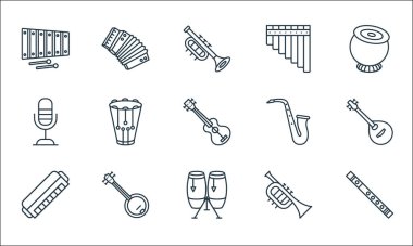 müzik enstrümanları çizgi simgeleri. Doğrusal küme. Flüt, konga, mızıka, Fransız kornosu, banjo, mikrofon, saksafon, pan flüt, akordeon gibi kalite vektör dizileri