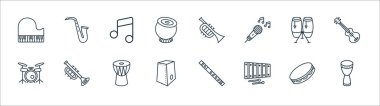 müzik enstrümanları çizgi simgeleri. Doğrusal küme. djembe, ksilofon, cajon, davul, conga, müzik notaları, Fransız kornosu, saksafon gibi kalite vektör dizileri