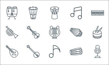 müzik enstrümanları çizgi simgeleri. Doğrusal küme. Mikrofon, müzik notaları, müzik enstrümanı, dholak, sitar, Fransız kornosu, dholak, müzik notaları, trampet gibi kalite vektör dizileri