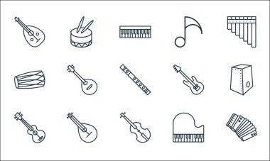 müzik enstrümanları çizgi simgeleri. Doğrusal küme. Akordeon, keman, ukelele, piyano, mandolin, dholak, bas gitar, müzik notaları, davul gibi kalite vektör dizileri