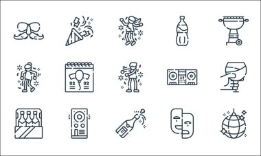 Kutlama çizgisi simgeleri. Doğrusal küme. Dans, şampanya, şişe, maske, hoparlör, dansçı, turntable, konfeti gibi kalite çizgisi