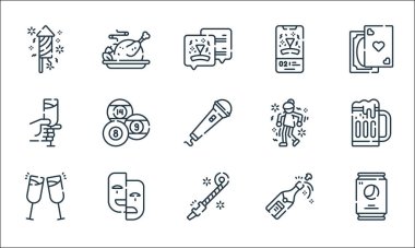 Kutlama çizgisi simgeleri. Doğrusal küme. Soda kutusu, parti üfleyici, tezahürat, şampanya, maske, şampanya bardağı, dansçı, parti, hindi gibi kalite vektör dizileri