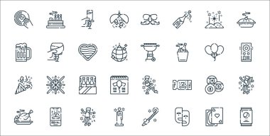 Kutlama çizgisi simgeleri. Doğrusal küme. Soda kutusu, maske, mum, hindi, bilardo, şişe, hoparlör, ızgara, şarap kadehi gibi kalite vektör dizileri