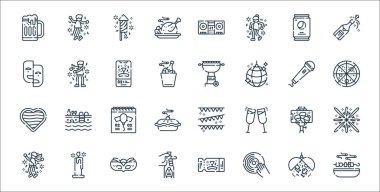 Kutlama çizgisi simgeleri. Doğrusal küme. Izgara, dj, şişe, dansçı, selfie, parti, pizza, ızgara, dans gibi kalite vektör dizileri