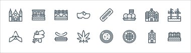 Holland Hattı ikonları. Doğrusal küme. Kaliteli vektör çizgisi: bloemenmarkt, stroopwafel, marijuana, Holland, Holland, kanal, roket, yüzen ev