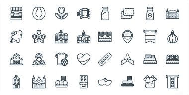 Holland Hattı ikonları. Doğrusal küme. Kaliteli vektör çizgisi seti: Amthe, tompouce, çikolata, holland, tekne, tişört, lale, kanal, lale.