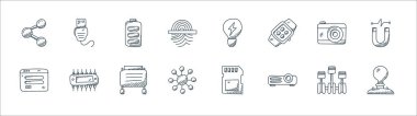 Teknoloji çizgisi simgeleri. Doğrusal küme. Fikir, projektör, ağ, giriş, kamera, pil, ampul, usb bağlantısı gibi kalite vektör çizgisi kümesi
